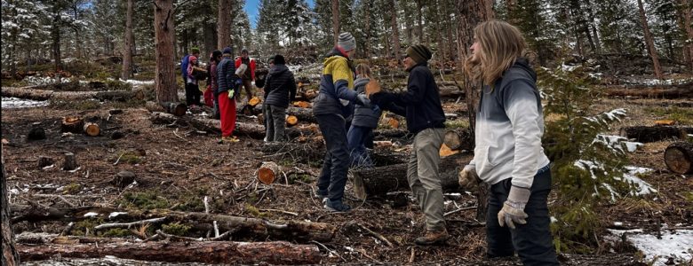 New Vista students passing logs to each other during their fire mitigation project